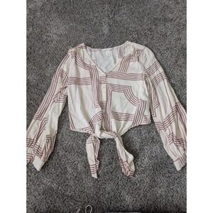HM Cream Burgundy Geometric Rope Print Tie Front Cropped Blouse Womens Size 0